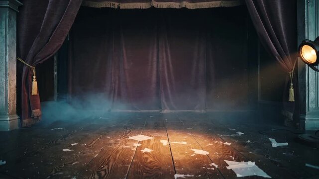 Lighting cue sending sweeping spotlight across stage, highlighting velvet curtain and papers