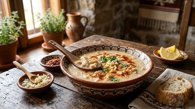 Traditional Bulgarian tripe soup served in a pottery on wooden table