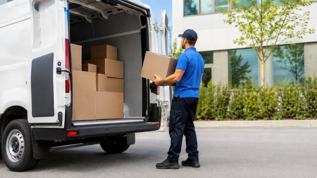Delivery worker in blue uniform loading cardboard boxes into a white cargo van outside an office building