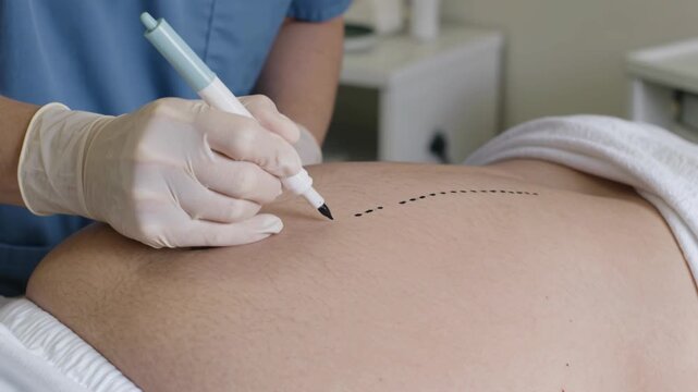 Medical professional marks a patients abdomen with dotted surgical guidelines. Sequential preoperative body contouring and cosmetic surgery planning.