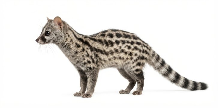 Genet standing with full ringed tail isolated on white background