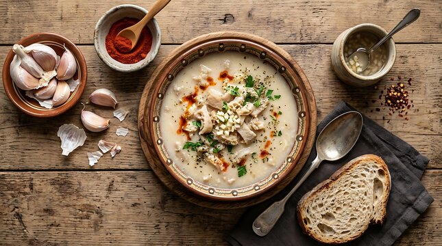 Bowl of traditional shkembe chorba tripe soup on a rustic wooden table