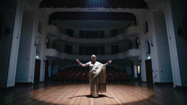 Entering South Asian performer stepping into spotlight on stage, holding sari, posing for show