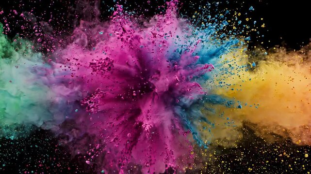 Color explosion concept vibrant multi colored powder burst in slow motion on black background abstract creative energy.