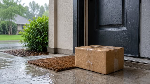 Cardboard delivery box sits on a wet doormat at a front door threshold on a rainy suburban porch