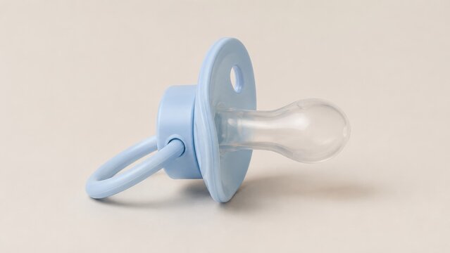 Blue baby pacifier soother with a silicone teat and ring handle photographed on a neutral background, isolated product shot