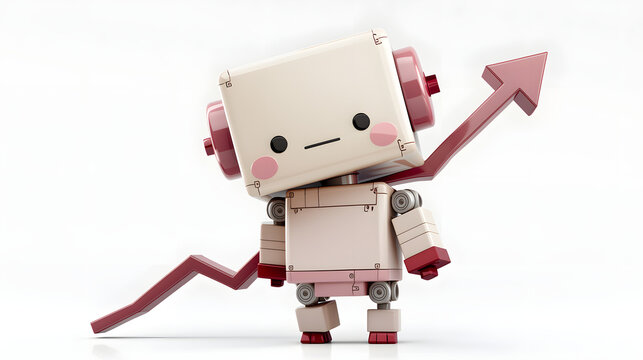 Cute Cube Head Robot with Dynamic Rising Financial Arrow, Stock Market Growth and Investment Success Concept