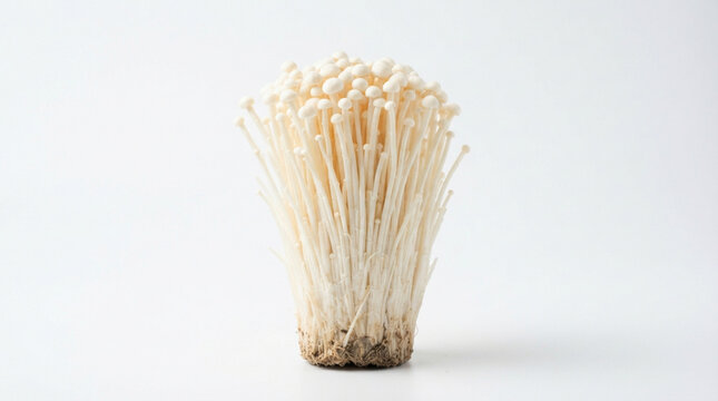 Fresh raw white enoki mushrooms cluster with delicate long stems and small caps standing upright isolated on clean bright white background representing healthy eating and vegan food