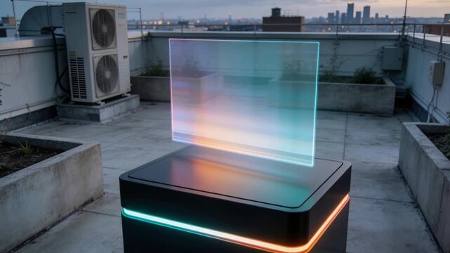 Receiving signal, black pedestal rotating hologram panel on roof at dusk projecting teal orange LED