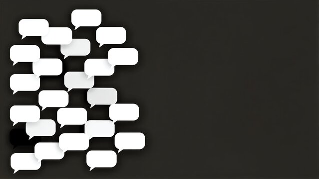White and blue speech bubbles cluster on a dark gray background.