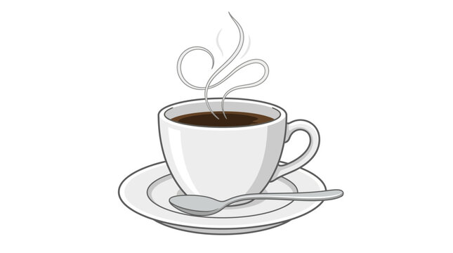 Minimalist vector illustration of a steaming hot cup of black coffee or dark tea in a white porcelain mug with a matching saucer and silver spoon isolated on a clean white background.