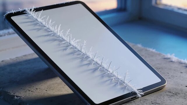 Growing frost crystals spreading across tablet screen on slab from cold window, casting shadows