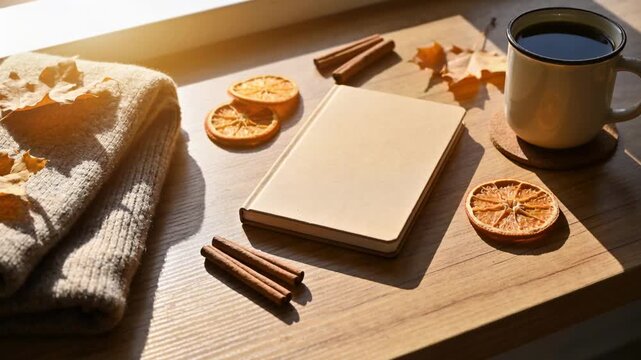 Warming morning sun bathing closed beige notebook on table, showing knit sweater and warm textures