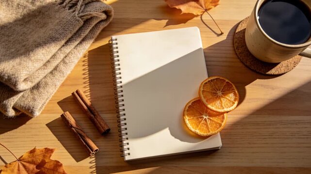 Shifting sunlight moving across spiral notebook on wooden table, lighting orange slices and coffee