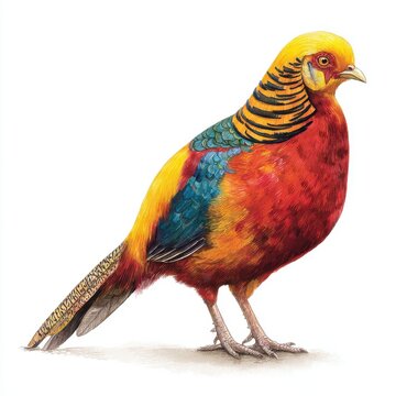Vibrant Golden Pheasant With Detailed Colorful Plumage Isolated On White Background Fine Art Illustration