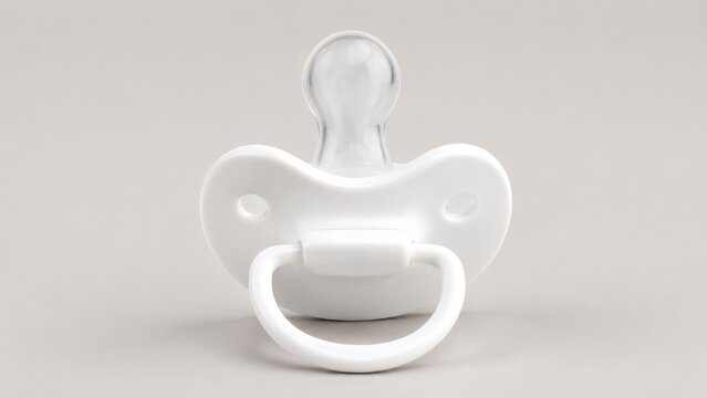 White baby pacifier on a neutral background, frontal close-up product view