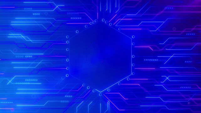Blue and purple electronic routes converge central hexagon, strong processor technology visual. chips, computing, infrastructure, cyber systems, cloud platforms and digital innovation content.