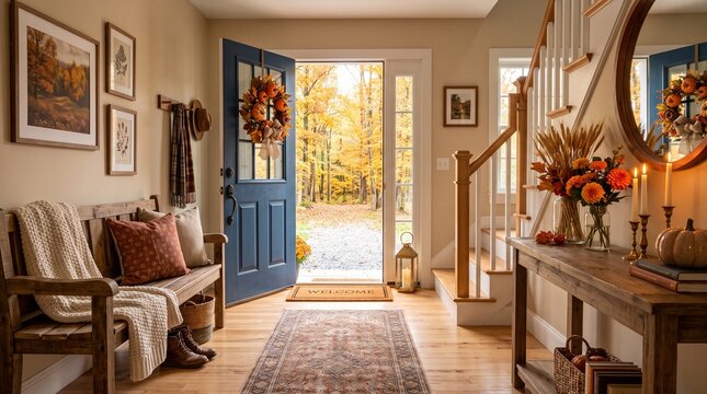 Cozy autumn farmhouse entryway with open navy blue door fall pumpkin wreath welcome mat Persian runner rug wooden bench chrysanthemum bouquet brass candles staircase overlooking golden foliage forest