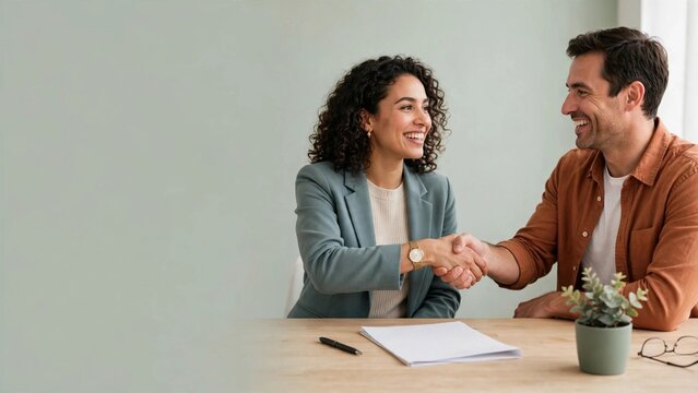 Wide panoramic business banner with ample copy space featuring a smiling diverse businesswoman and male client shaking hands over a desk, finalizing a successful partnership agreement in a modern offi