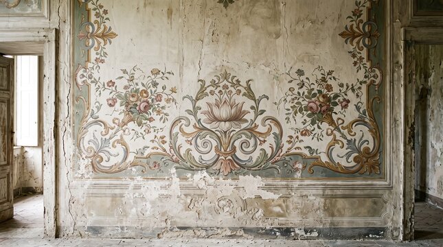 Faded antique baroque fresco wall mural with ornate rococo floral scroll rose lotus motifs peeling cracked plaster abandoned European villa room weathered distressed aged interior decay atmospheric be