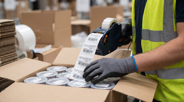 Worker labels packaged cans with a handheld printer. Gloved hands arrange product in an open box beside cartons. Inventory control supports shipping efficiency.