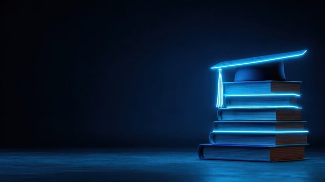 A stack of academic books glows with vibrant blue neon light, topped by a graduation cap, symbolizing knowledge, education. ..Created with Generative AI, not depicting real subjects.