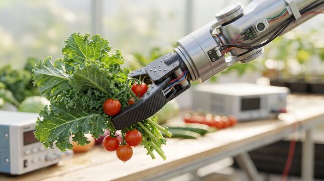 Robotic arm harvests kale and tomatoes in a greenhouse. Automated farming combines vision with precision engineering. Sustainable food technology advances future farming.