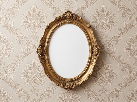 Ornate antique gold oval baroque picture frame with shell acanthus scroll relief carvings blank white canvas mockup on elegant cream beige damask floral scroll wallpaper background luxury classic inte