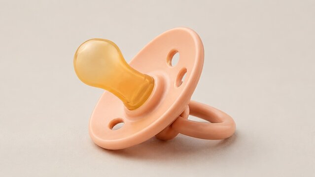 Peach silicone baby pacifier with rounded nipple on a neutral beige background, isolated infant comfort and feeding accessory