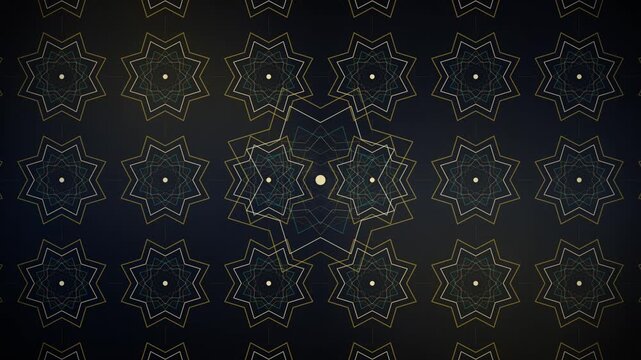 Islamic geometric pattern animation, gold star rosette seamless loop 4K background