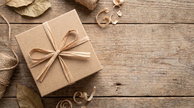 Handmade gift box wrapped with natural raffia rests on a rustic wooden table. Dried leaves and twine create an autumn arrangement with open copy space. Eco green gifting concept.