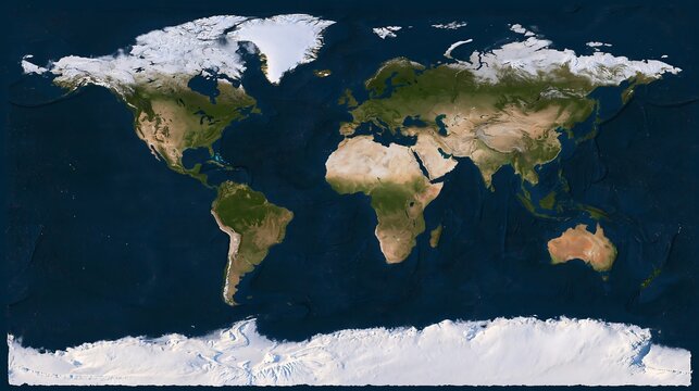 Satellite view of a flat map with continents and oceans, showing white ice caps at the poles and dark blue water on a dark background