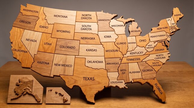 Handcrafted wooden map of the USA with engraved state names
