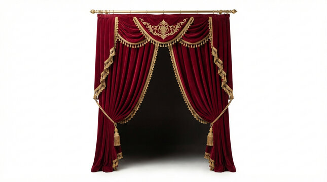 Luxurious velvet theatrical stage curtains in deep red with ornate gold embroidery, tassels, and tiebacks framing a dark empty opening for dramatic performances