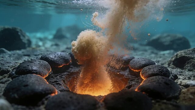 Intensifying glow driving hydrothermal vent releasing brown-orange plume at shallow seabed