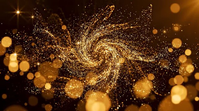 Luxury celebration and festive background golden glitter particles swirling in bokeh light elegant motion.