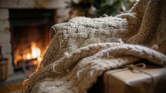 Exploring camera shifting toward armchair draped with chunky throw in cozy home corner