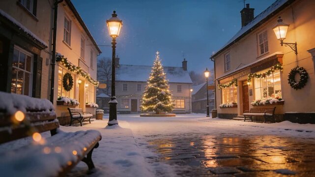 Falling snow causing decorated evergreen tree gently twinkling in village square at dusk