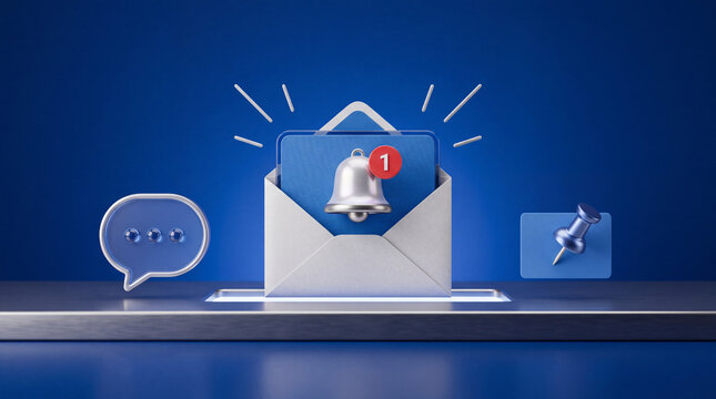 3D render illustration of an email inbox notification concept with a white envelope, silver alert bell, red notification badge, blue chat bubble, and push pin icon against a dark blue background.