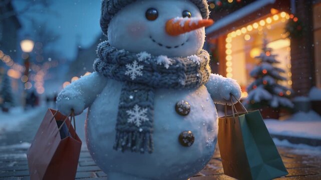 Walking snowman carrying gifts along dusk cobbled street with soft snow falling, wearing knit hat