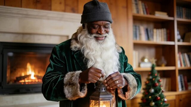 Touching knit cap, senior man in green velvet coat inspecting lit lantern adjusting latch in study