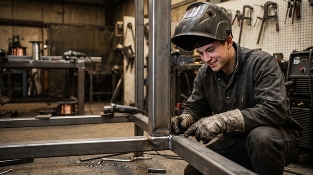 Young man welding metal in a workshop with tools in the background  