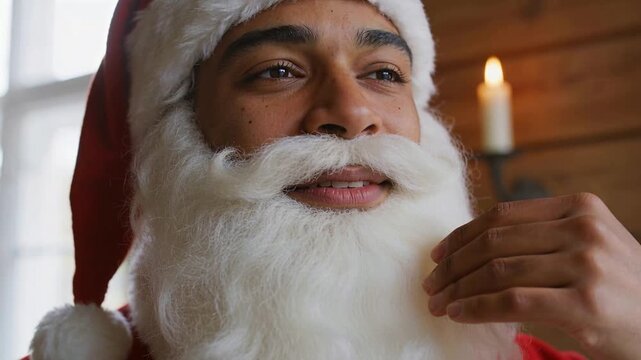 Smiling Santa in red hat smoothing white beard in cozy room as camera framing, preparing greeting