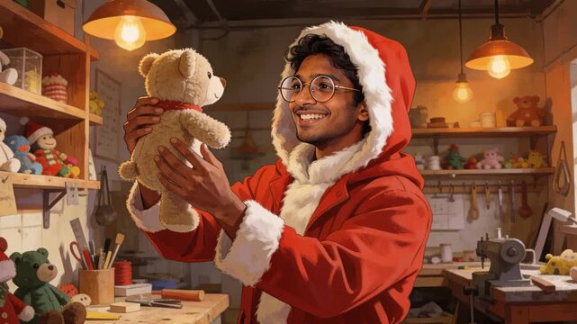 Lifting teddy bear, man in red Santa-style coat inspecting bear at toy workshop, preparing gift