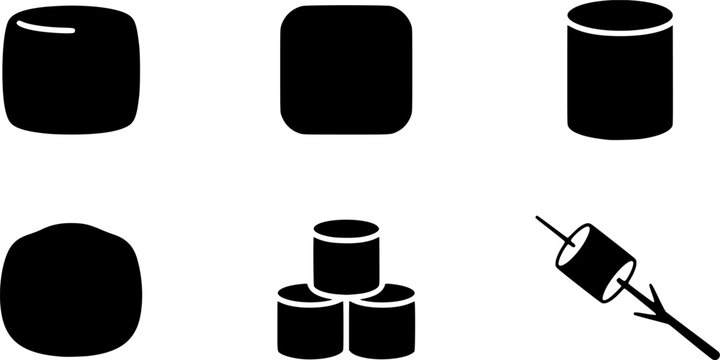 Black silhouette marshmallow icons set depicting different shapes and roasting styles