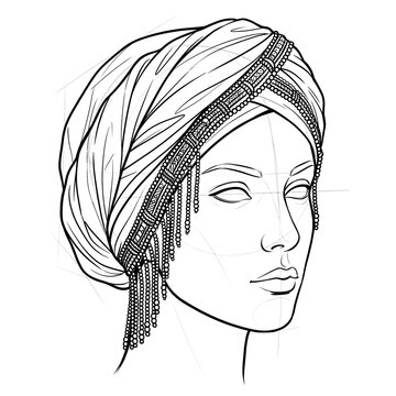 Hand drawn sketch of desert nomad wrap with beaded fringes 3/4 right.