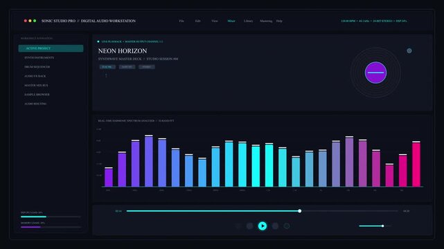 Digital dashboard displaying colorful bar charts and graphs, modern interface for data analysis and visualization