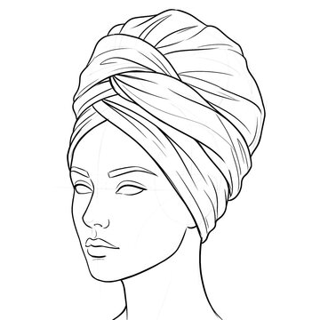 Hand drawn sketch of high volume modern turban three quarter left.