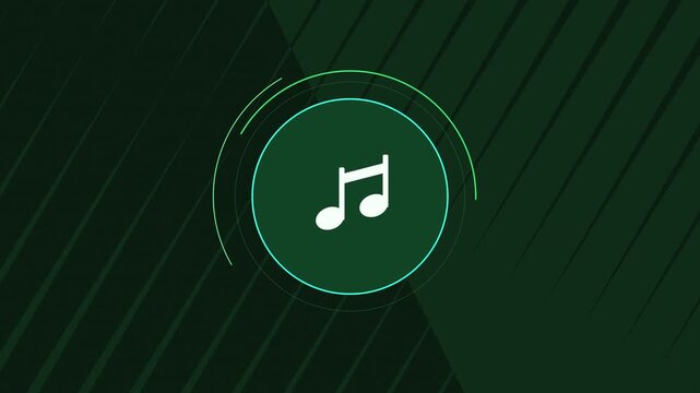 Digital music note icon pulsing in a futuristic green circular HUD element animation, audio waveform visualization