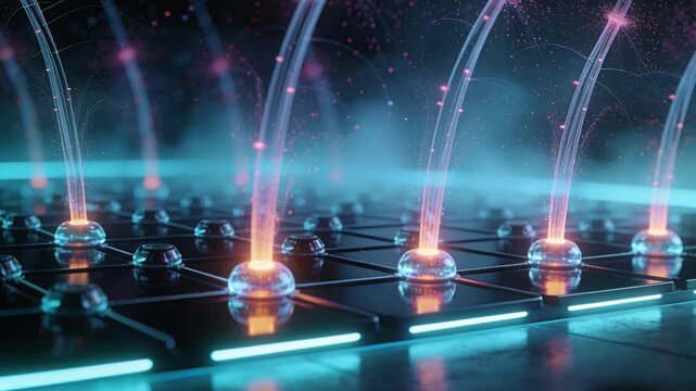 Emitting row of glass spheres, pulsing arcing light with pink sparks on circuit grid